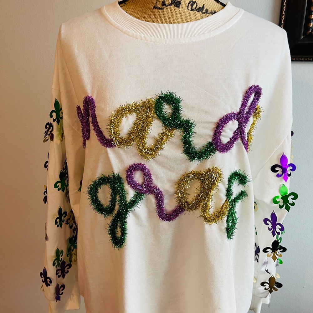 White Mardi Gras Sweater with Colorful Embellishments